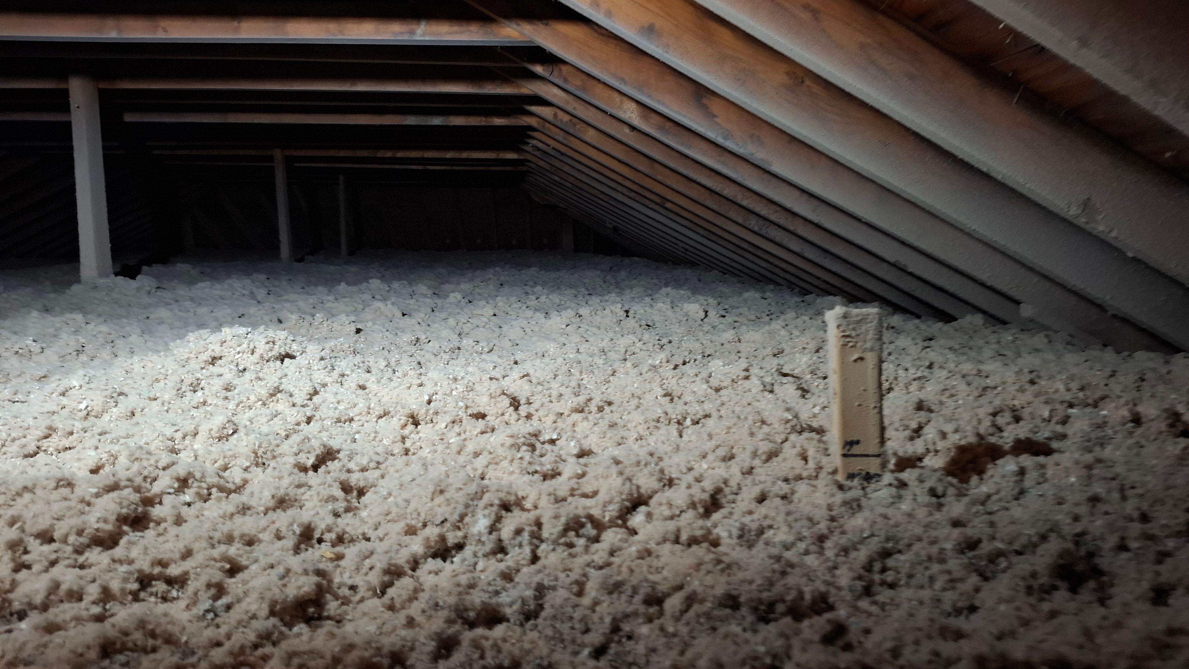 Second wide-angle view of completed R60 blown-in cellulose attic insulation — Osgoode Ontario residential property, depth ruler visible confirming level