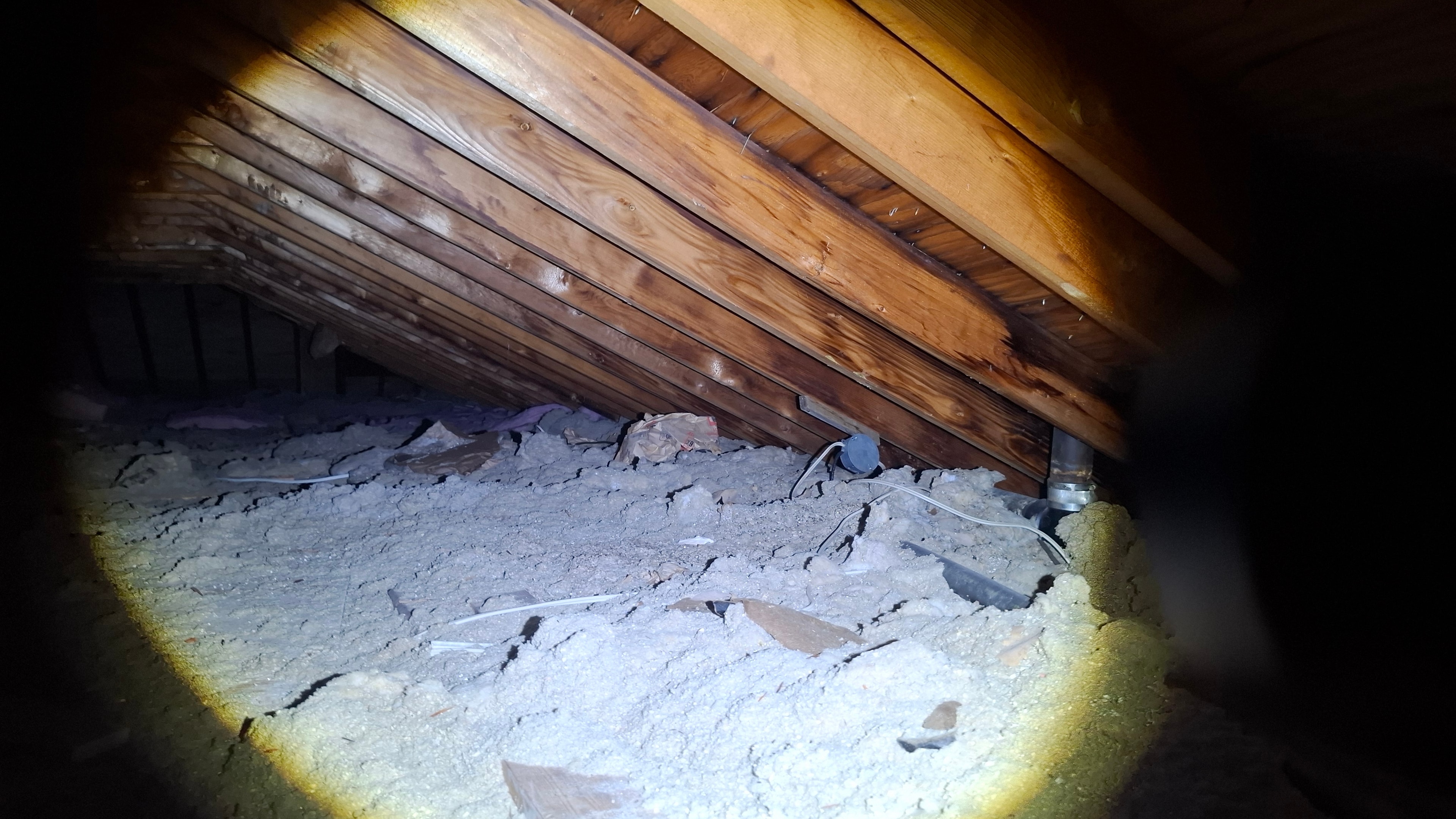 Before abatement — close-up of vermiculite insulation on attic ceiling boards with wiring visible, Osgoode Ontario
