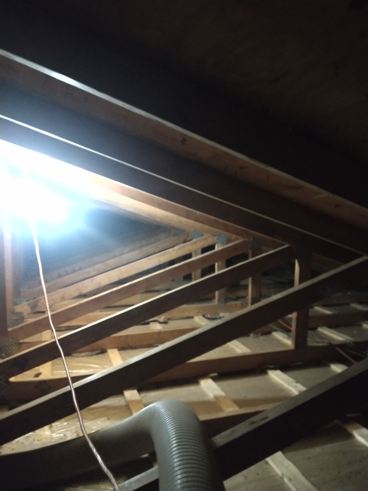 Attic interior after vermiculite removal showing cleared truss framing